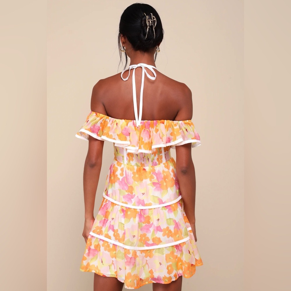 Lulus | NWT Ivory Floral Halter Cold-Shoulder Mini Dress - Picture 2 of 4